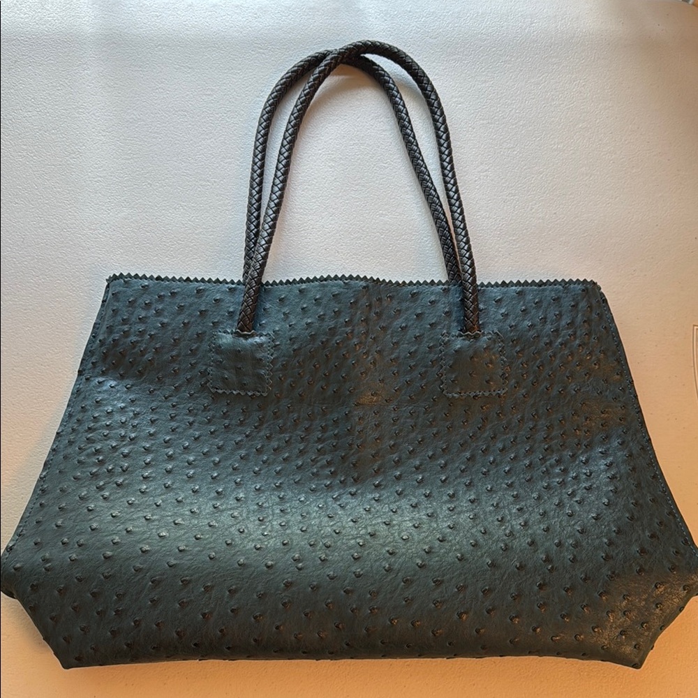 Faux Ostrich Textured Deep Teal Tote with Braided Handles Medium Size